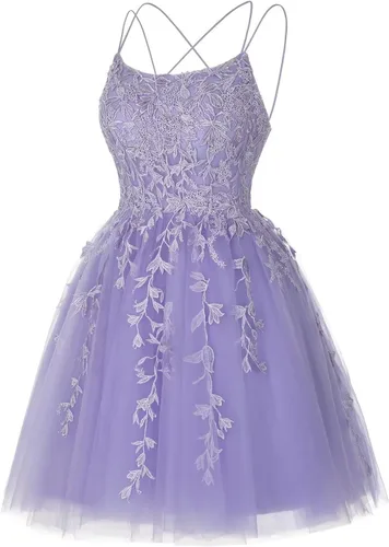 Vista 5 de TIRAS Vestido de tul con apliques de encaje para adolescentes, tirantes delgados, vestido de fiesta de cóctel corto CM218