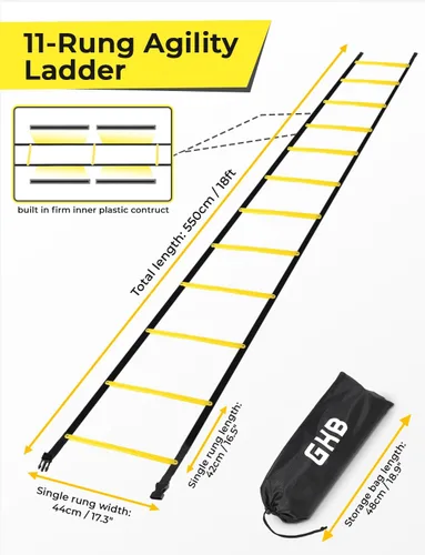Vista 2 de GHB Escalera de agilidad sin enredos, 12 peldaños de 18 pies Amarillo