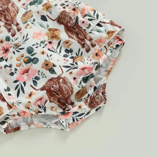 Vista 6 de Karuedoo Ropa de bebé del oeste con estampado de vaca, con volantes, sin mangas, mameluco con diadema, traje de vaquera para bebé