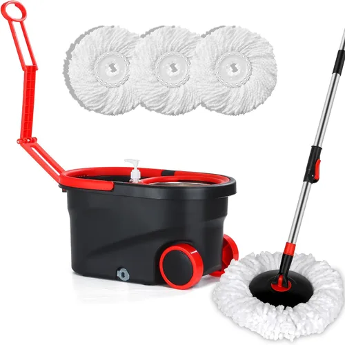 Vista 10 de Trapeador giratorio y cubo con juego de escurridor, sistema de cubo giratorio de 360° con 3 cabezales de repuesto de mopa de microfibra y mango