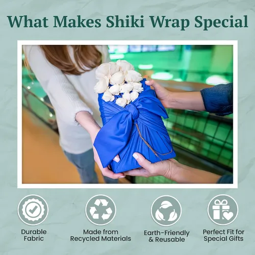 Vista 4 de SHIKIWRAP Envoltura de regalo de tela reutilizable – Pequeño 18 pulgadas azul profundo ecológico reversible, envoltura de tela Furoshiki elástica