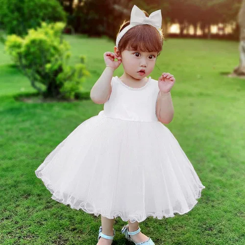 Vista 3 de QDU Vestido de fiesta de tul para niña de flores, vestido de novia de princesa de flores para niña pequeña y bebé