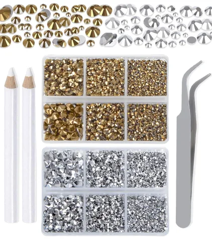 Vista 9 de LPBeads 6000 unidades de diamantes de imitación negros no termofijos, 6 tamaños, cristal redondo, con parte trasera plana, pinzas y bolígrafo