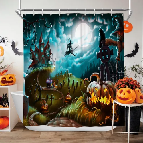 Vista 2 de Cortina de ducha de Halloween, cortinas de ducha de calabaza aterradora para baño, casa cazada de brujas, cortina de baño, cortina de baño