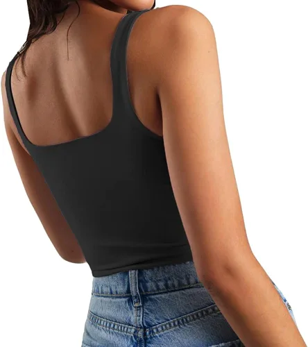 Vista 2 de Artfish - Camiseta corta casual y básica con tirantes delgados y cuello cuadrado, para mujer, sin mangas, de doble capa, ombliguera