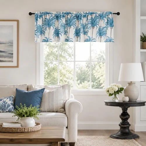 Vista 2 de VOGOL Cenefas azules para ventanas pequeñas, cenefas de ventana con estampado de hojas para sala de estar, cortinas cortas con bolsillo para barra