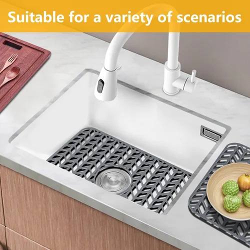 Vista 27 de Protectores de fregadero de cocina de 12 x 11 y 13 x 11 pulgadas, protectores de silicona para fregadero de cocina para la parte inferior del Gris