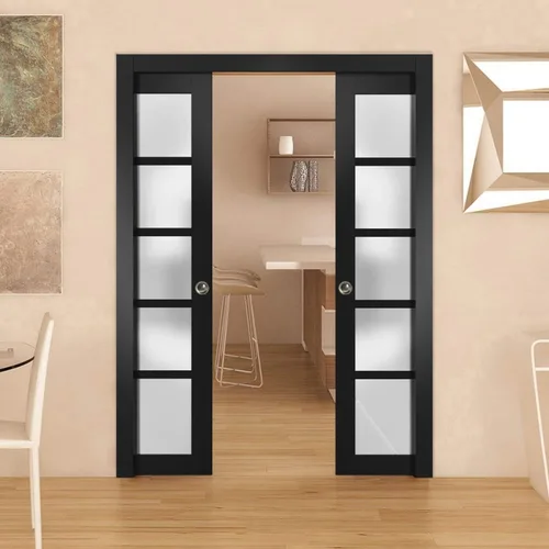 Vista 2 de SARTODOORS Panel de puerta de granero de losa de vidrio esmerilado de 42 x 96 pulgadas Quadro 4002 negro mate Puertas con acabado resistente