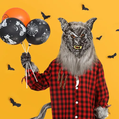 Vista 7 de Juego de 6 piezas de disfraz de hombre lobo de Halloween, máscara de cabeza, cola de lobo de piel sintética gris, collar, guantes para adultos