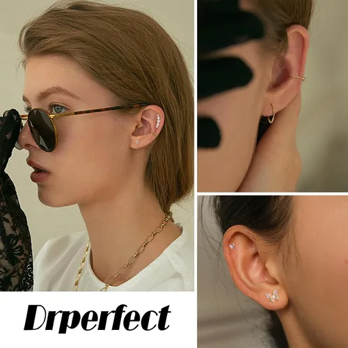 Vista 5 de 15 Pcs Cartilage Earring Stud Set For Women Hypoallergetic 20G Helix Conch Hoop 16G Flat Back Stud Dangle Earrings Small Stainless Steel Screw Back