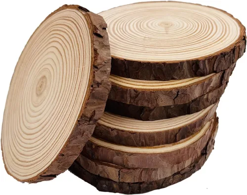 Vista 5 de Discos redondos naturales, rebanadas de madera rústica, 4 piezas de 8.2-9 pulgadas, kit de madera sin terminar, círculos para manualidades