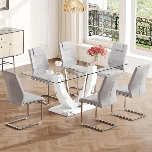 Vista 14 de JUFU Juego de mesa de comedor de cristal de 71 pulgadas para 6, juego de mesa de comedor moderno con base de textura de mármol sintético blanco
