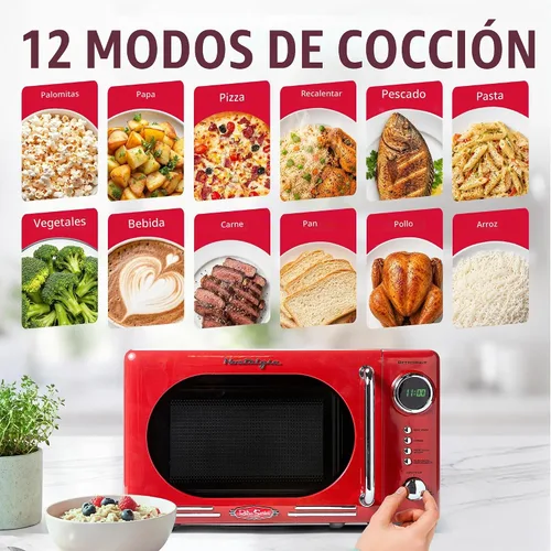 Vista 4 de Nostalgia Horno microondas retro compacto para encimera, 0.7 pies cúbicos, 700 vatios con pantalla digital LED, bloqueo para niños, interior fácil