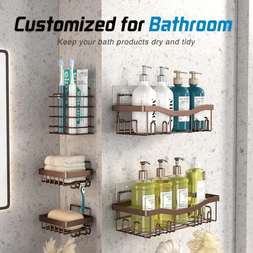 Vista 2 de Youvip Organizador adhesivo para ducha, organizador de baño sin perforación, 5 unidades, estantes inoxidables con soporte para jabón y soporte