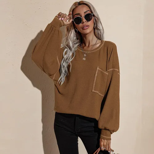 Vista 9 de LAO POPO Women's Long Sleeve Casual Round Neck Sweatshirt Pullover Loose Solid Color Top Pocket T-Shirt