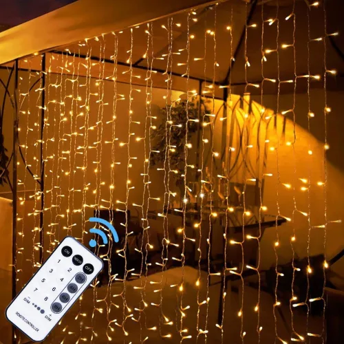 Vista 7 de WATERGLIDE - 300 luces LED para cortinas, luces de cuerda decorativas de Navidad con control remoto, 8 modos de iluminación, enchufe para decoración