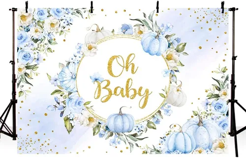 Vista 2 de MEHOFOND Fondo de otoño de 7 x 5 pies con diseño de calabaza Oh Baby en colores pastel, acuarela, azul, floral, recién nacido, baby shower