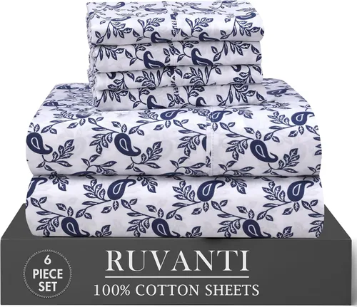 Vista 20 de RUVANTI 4 piezas de sábanas de algodón - 100% algodón natural suave, ligero y transpirable, sábanas de percal crujiente, juego de sábanas Botanica