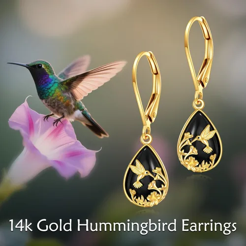 Vista 6 de KECHO Aretes colgantes de oro real de 14 quilates con cristal negro, aretes colgantes de gota de oro amarillo sólido, regalos de joyería para mujeres