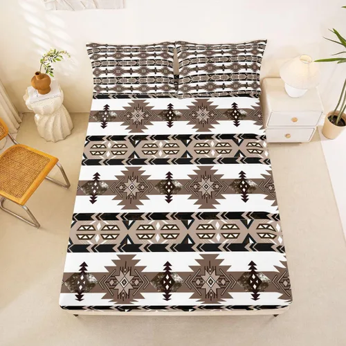 Vista 22 de Juego de ropa de cama de estilo bohemio occidental, tamaño individual, diseño de vaca atrapasueños, sábana bajera ajustable del suroeste, tribu