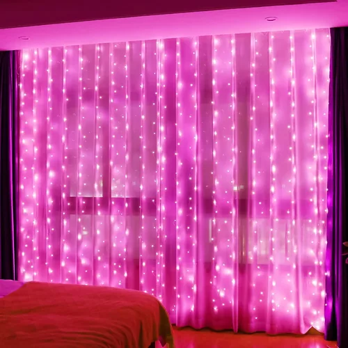 Vista 18 de HXWEIYE - Tira de 300 luces LED, cortina de guirnaldas navideñas con enchufe USB, 8 modos, control remoto para decoración de pared, fondo de Rojo