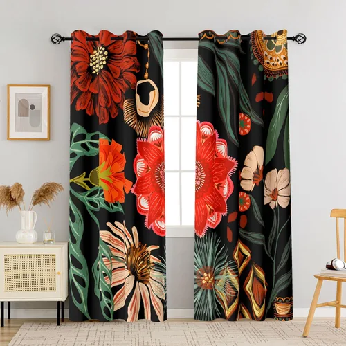 Vista 18 de Tyrot - Cortinas bohemias florales 100% opacas para dormitorio de 63 pulgadas de largo, 2 paneles. Cortinas botánicas de mediados de siglo