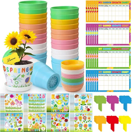 Vista 10 de Capoda Juego de 24 macetas de jardín, kit de manualidades, macetas de plástico de primavera para vivero con calcomanías, tablas de crecimiento