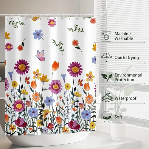 Vista 4 de Moutina Juego de cortinas de ducha de flores silvestres para baño, decoración de baño de primavera y verano, 72 x 72 pulgadas, cortina de ducha