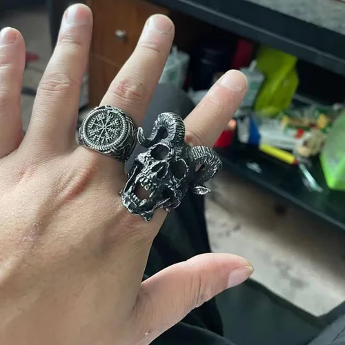 Vista 2 de ZMY Home Demon Head Skull Ring Big Horned Stainless Steel Biker Jewelry Ring Men