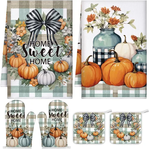 Vista 11 de Bencailor - Juego de 6 manoplas de cocina de otoño para ollas y guantes de horno, guantes de horno de calabaza azul, soportes para ollas de cosecha