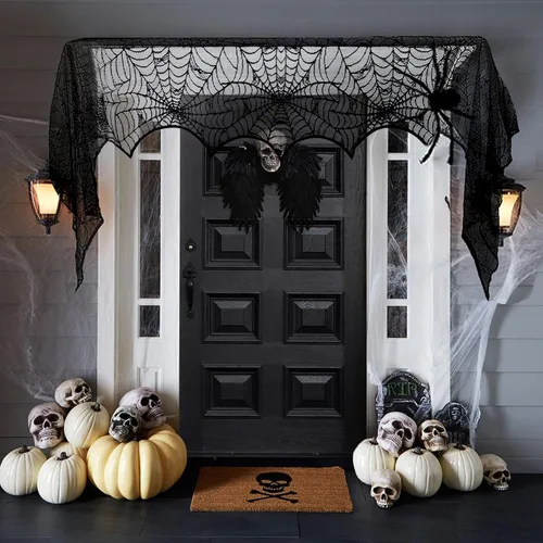 Vista 6 de Juego de decoraciones de Halloween para interiores – Decoración festiva de Halloween, pancarta colgante de remolinos y telaraña, camino de mesa