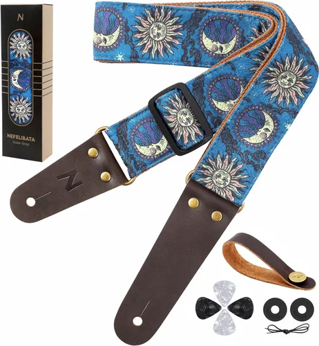 Vista 43 de Nefelibata Correa de guitarra, correas de guitarra de algodón bordadas con extremos de cuero de vaca para bajo, guitarras eléctricas y acústicas