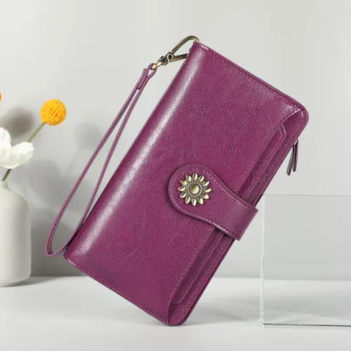 Vista 3 de Lavemi Carteras de cuero genuino de gran capacidad con bloqueo RFID para mujer, tarjetero con correa para la muñeca