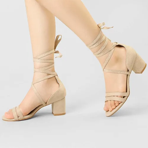 Vista 3 de Allegra K Sandalias con cordones y tacón de bloque de color con punta Beige