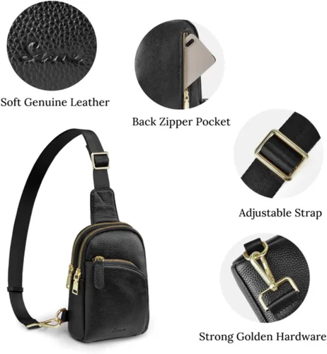 Vista 8 de S-ZONE Bolso bandolera para mujer, cangureras de cuero genuino con bloqueo RFID, bolsas cruzadas en el pecho, regalos para mujeres y hombres, Negro