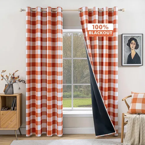 Vista 8 de MIULEE Cortinas opacas a cuadros para dormitorio rural, cortinas opacas con ojales para sala de estar, bloqueo de luz y aislamiento térmico, juego