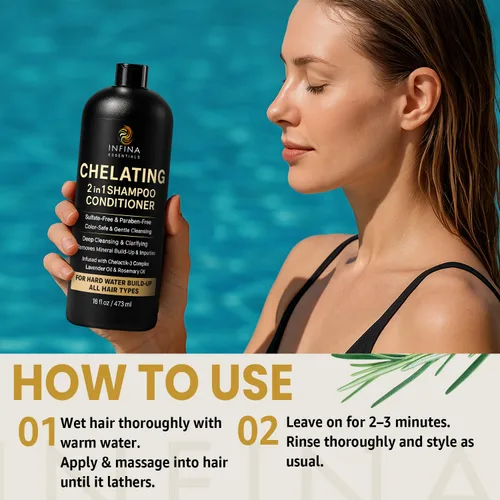 Vista 6 de Champú y acondicionador de agua dura - Limpiador quelante 2 en 1 para eliminación de acumulaciones, cabello suave y brillante - Con complejo