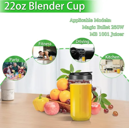 Vista 6 de Paquete de 2 piezas de repuesto para tazas de licuadora Magic Bull, taza alta de 22 onzas con tapa abatible para llevar, piezas de repuesto