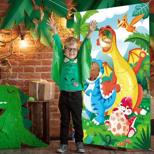 Vista 4 de DPKOW Accesorio para fotos de fiesta de dinosaurios para niños, divertido telón de fondo de cara en el agujero, pancarta de puerta de dinosaurio