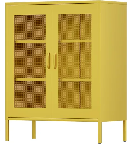 Vista 73 de Gabinete de almacenamiento de metal ancho negro, gabinete de acento de 2 puertas para el hogar y la oficina, gabinete de metal bajo de 2 niveles