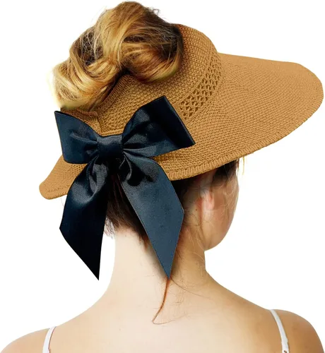 Vista 12 de Visera solar de paja para mujer, ala ancha, protección UPF 50+, sombrero de playa, ajustable, plegable, gorra de cola de caballo con correa