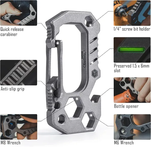 Vista 5 de KeyUnity KU01 Llavero de titanio con mosquetón multiherramienta, soporte para llaves de mosquetón, llaves de tornillo, soporte para brocas
