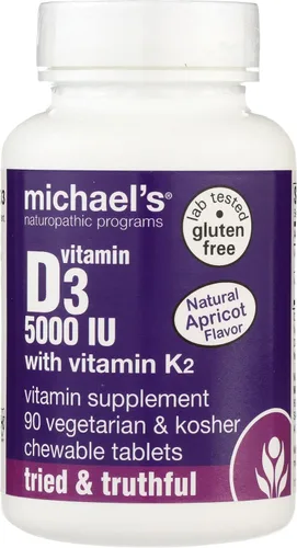 Vista 4 de Michael's Naturopathic Programs Vitamina D3 con K2-5000 IU, 90 tabletas masticables - Sabor a albaricoque, suplemento de apoyo del sistema