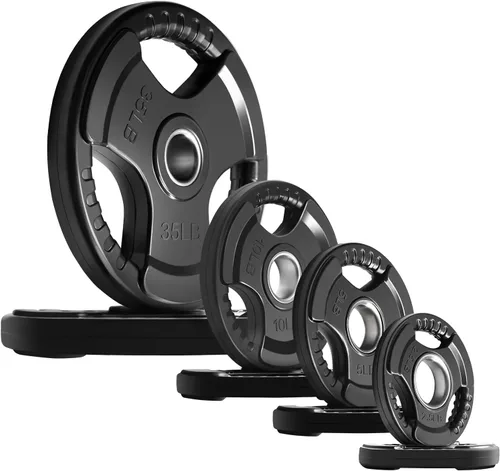 Vista 10 de RitFit Olympic Rubber Grip Weight Plates, 2-Inch Barbell Set Solid Iron Core, Rubber Coated, 2-Inch Olympic Bar Compatible, 3-Hole Grip, 2.5LB to
