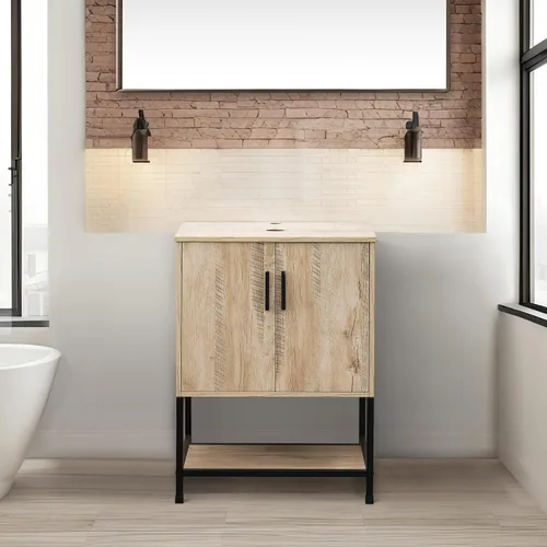 Vista 52 de UEV Juego de tocador de baño antiguo de 24 pulgadas, color marrón oscuro con lavabo, armario de baño de madera de hierro con grifo de temperatura