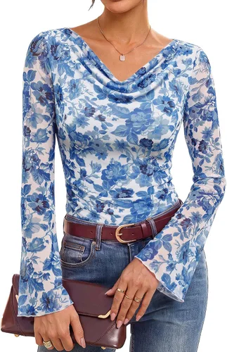 Vista 17 de GRACE KARIN Blusas de malla estilo bohemio para mujer, estilo casual