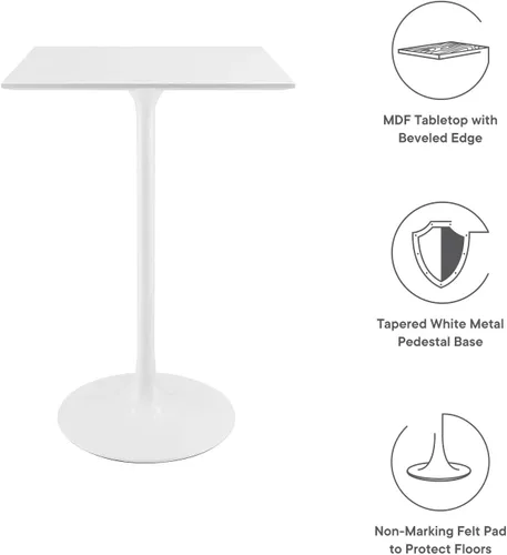Vista 6 de Modway Lippa - Mesa de bar moderna Mid-Century de 28 pulgadas con parte superior cuadrada y base de pedestal en color blanco