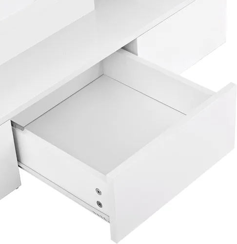 Vista 7 de LUMISOL Mesa de centro brillante con cajón de almacenamiento y luz LED, mesa central rectangular de 2 niveles, color blanco