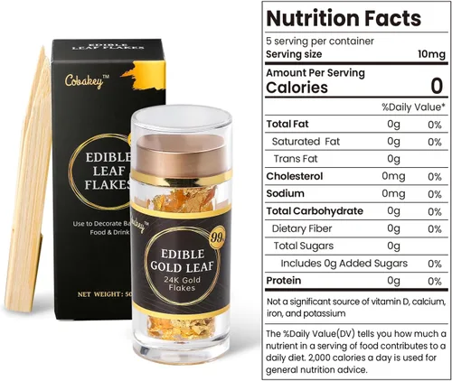 Vista 8 de Cobakey - Hojas de oro comestibles genuinas en copos - 50 mg de copos de oro comestibles para decoración de pasteles