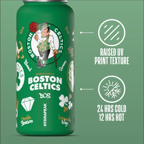 Vista 4 de Hydrapeak Botella de agua aislada de 32 onzas con licencia oficial de la NBA Boston Celtics, celebrando la ciudad de Boston, tapa de popote y asa